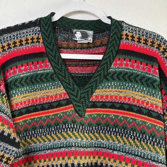 In Charge Vintage Sweater Womens L Red Green Gold Striped V Neck Holiday USA - Picture 2 of 11